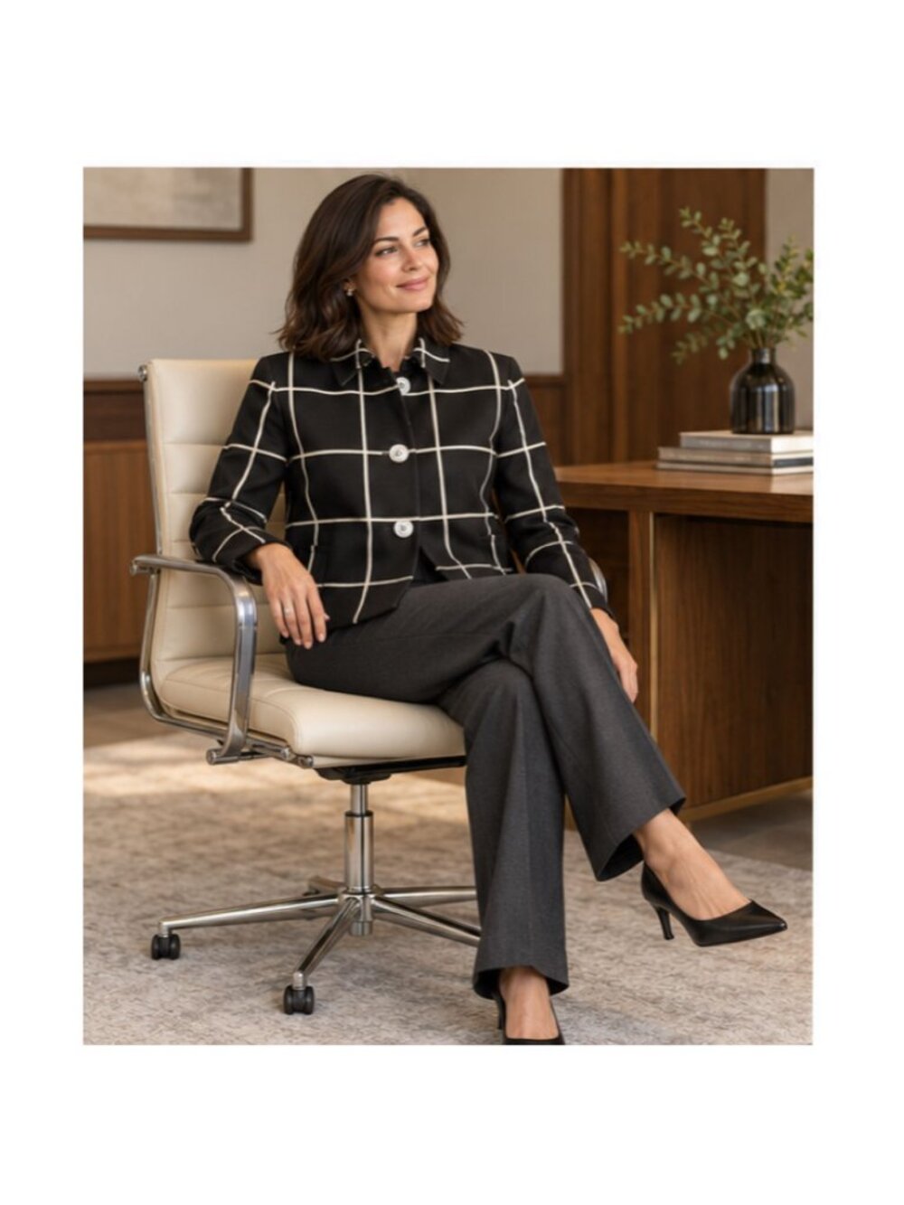 Lauren Ralph Lauren Jacket Womens Petite P Brown White Windowpane Cotton Button